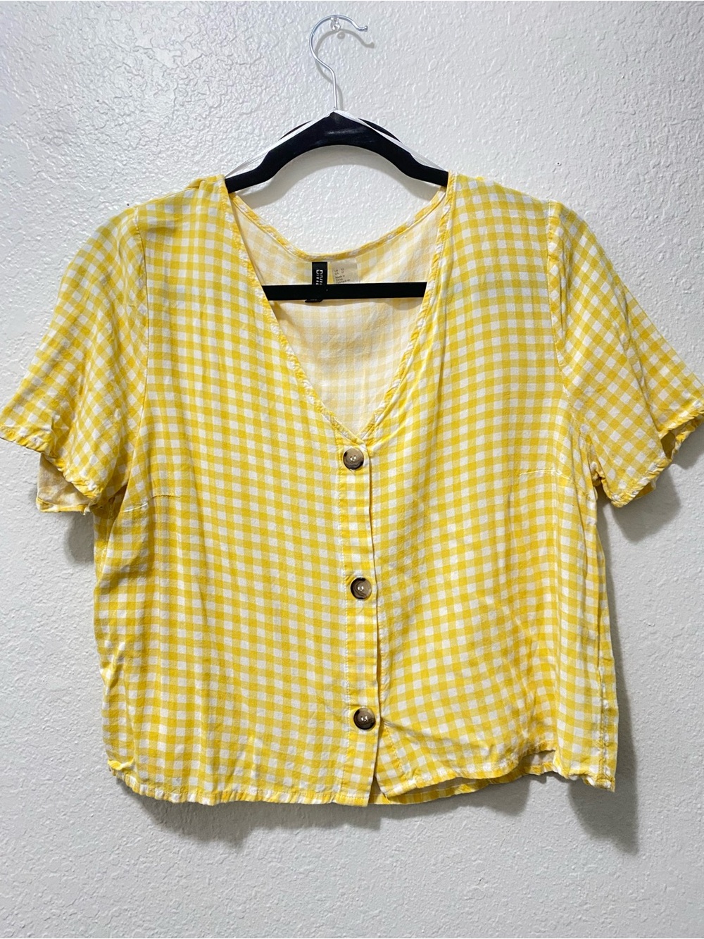 Divided Yellow Gingham Button-Front V-Neck Top